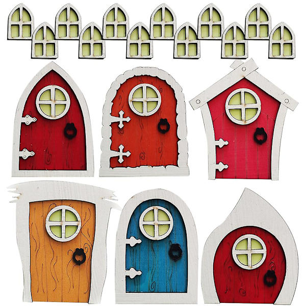 Staty Dekoration Mini Elf Dörr Set Miniatyr Dörr Elf Dörr Ornament Mini Trä Dörr 10x7.5cm