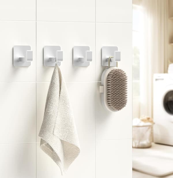 Square Self-Adhesive Towel Hooks - 4 Pcs Matte Black Wall Hooks for Hanging Towels Coats - Modern Stylish Bathroom and Kitchen Hooks - Silver