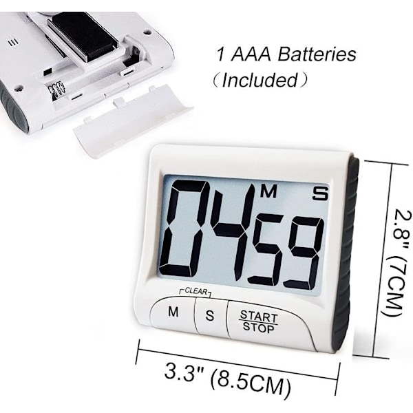3\" Stor Køkken Timer - Digital Timer Magnetisk Bagside Høj Alarm På Et Reb Tidsstyring Multifunktionel Elektronisk Timer