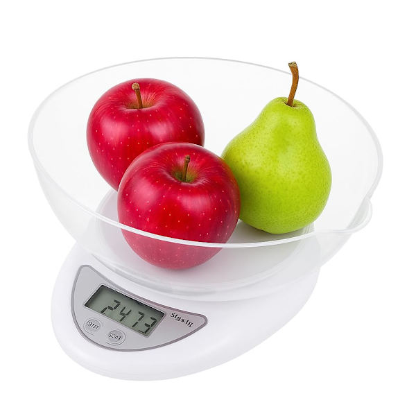 High-Precision Electronic Kitchen Scale, LCD Display, 5 kg Load, 800 ml Bowl Capacity, 5 Units and Tare Function, White