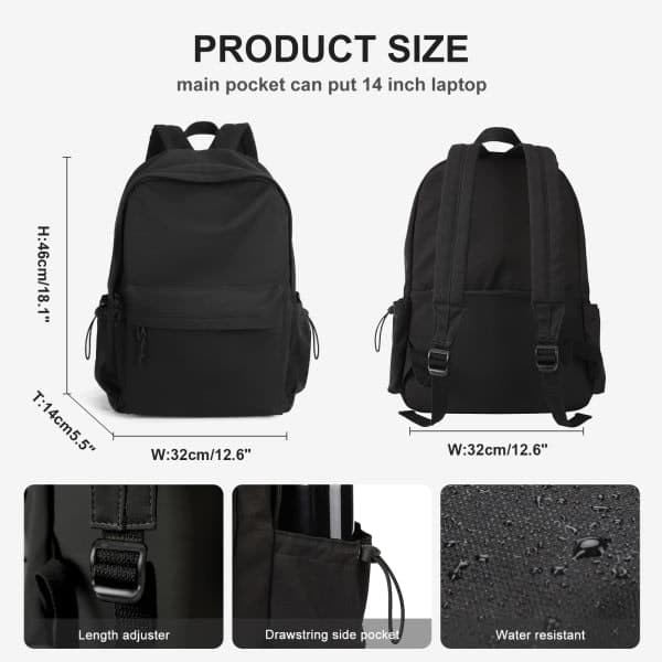 Women's School Backpack, Casual Travel School Bag, 14-inch Laptop Backpack, Work Backpack (Black)