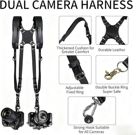 Camera Harness - Quick Release, Non-Slip, Double Shoulder Leather Camera Strap Harness with Metal Hooks for SLR/DSLR Cameras - Black [Ho]