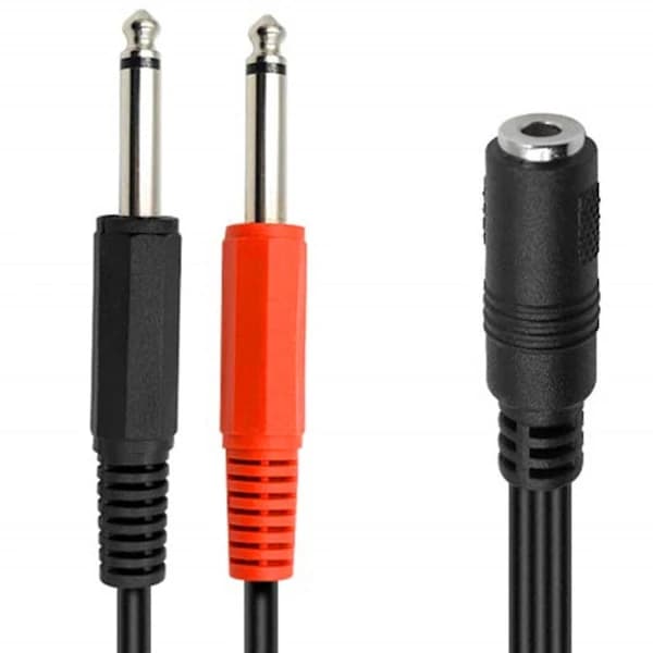 HA~1m, 3,5 mm hunstik til 2x6,35 mm mono hanstik lydudgangsadapterkabel til telefonmixerforstærker