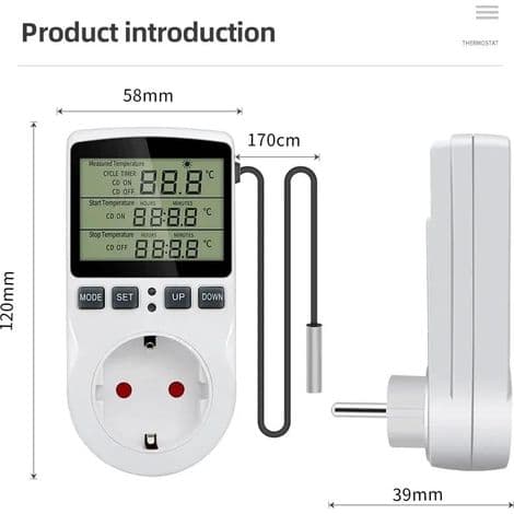 Digital Thermostat Outlet for 220V Temperature Controller - Heating and Cooling with Probe - LCD Temperature Controller Socket