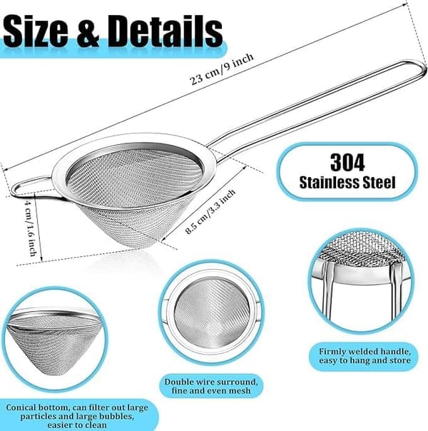 2-pack Stainless Steel Tea Strainers - Fine Mesh Cocktail Strainer, Conical Food Strainer, Practical Bar Kit, 3 x 9 x 2 Centimeters