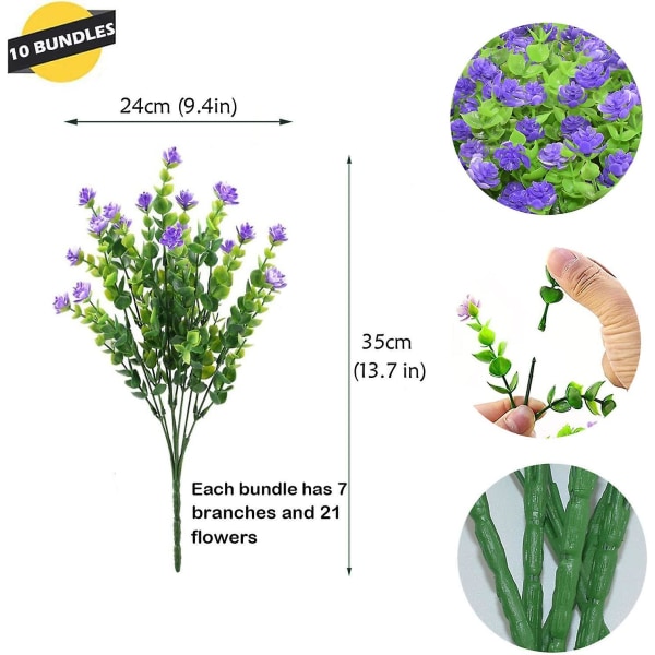 10 rypäleterttuja tekokukkia väärennöskasvi, UV-säteilynkestävä viherpensaat Eukalyptuskasvit sisäkäyttöön ulkokäyttöön riippuva istutuskone Kotipuutarhan sisustus, violetti