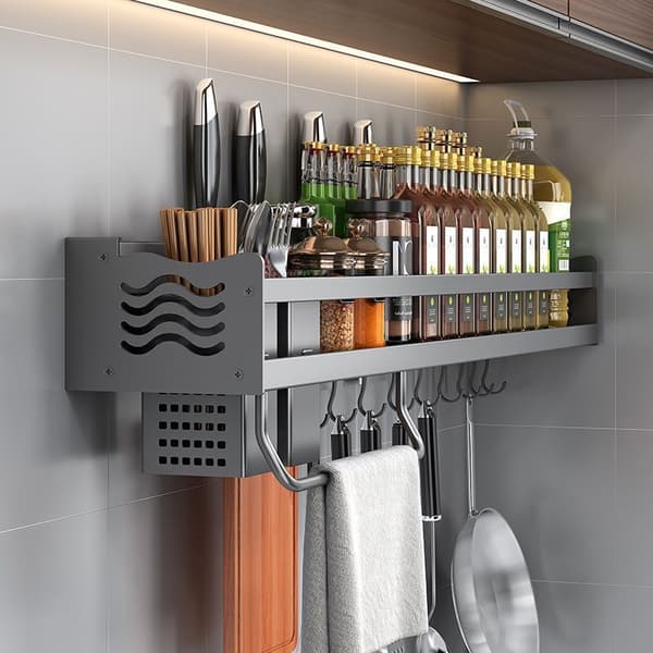 Spice Rack, Wall Mounted Kitchen Shelf, No Drilling Required, Spice Holder with 6 Removable Hooks, Can Hold Spices, Hang Spatulas