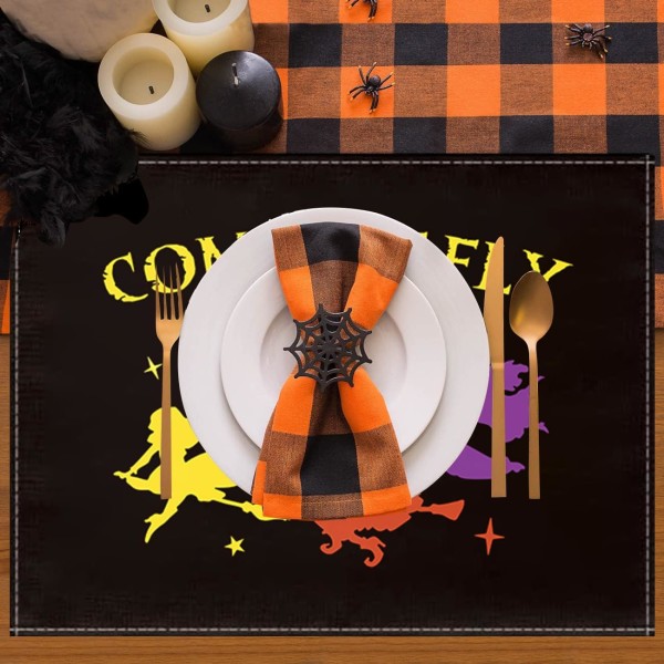 Halloween-Dukunderlägg för Matbord, Häxor i Rörelse, Trollbind Ditt Bord, Rustika Tvättade Dukunderlägg, Set om 4