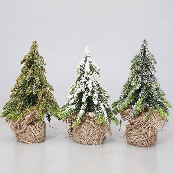 Miniatyrträd i cederträ för bord, julgran med säckvävsbas, bordsdekoration, vinterinredning, guld