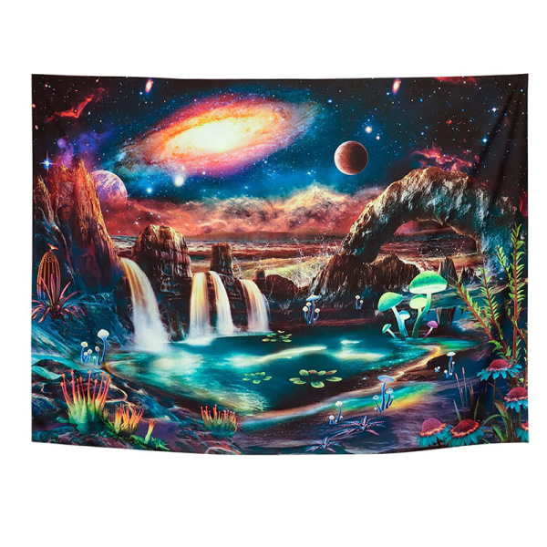 Blacklight Galaxy Tapestry, Burning Sun Space Mountain Lake Landskap Gobelin for soverom Foss Mystiske planter Veggoppheng