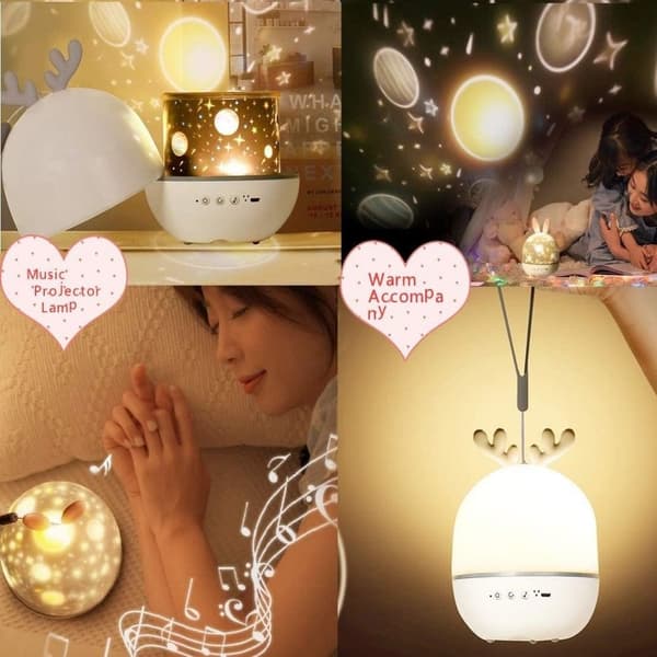Rechargeable Rotating Star Projection Elk Night Light Music Box, 6 Dream Projection 8 Romantic Melodies Remote Control Lamp
