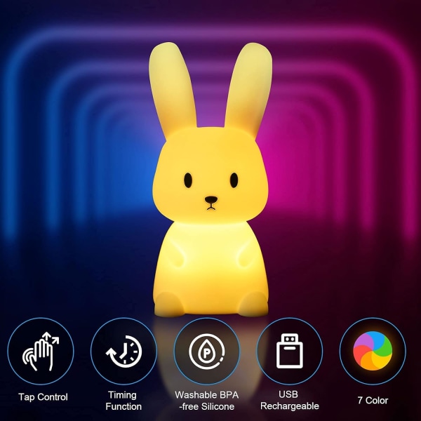 Baby Touch Rabbit yövalo 8 väriä, USB ladattava ja ajastettu yövalo Lasten koristevalot Lastenhuone Decora