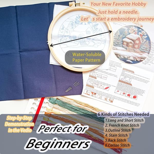 Christmas Embroidery Kit Three-Piece Set with Water-Soluble Pattern Bamboo Frame Needle and Instructions Christmas Craft Gift 20x20cm