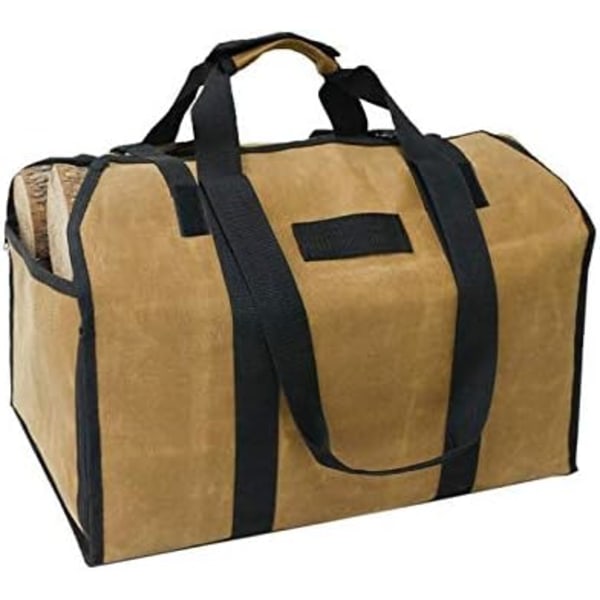 Logopbevaringspose, stor kapacitet vokset lærredsbrændeopbevaringspose med håndtag og skulderrem, vandtæt, til hjemmet