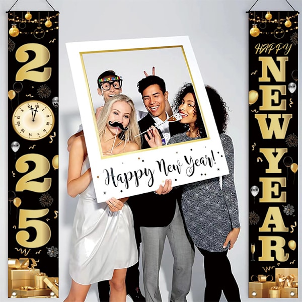 Sort Happy New Year Dørbanner 2025 Happy New Year Eve Veranda Skilt Nedtælling Hængende Hjemmefest Tilbehør