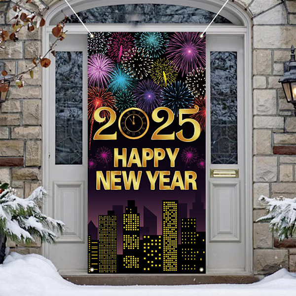 Happy New Year Dørbanner Dekorationer Hængende For Dør Banner til Vinterferie Nytår Indendørs Udendørs