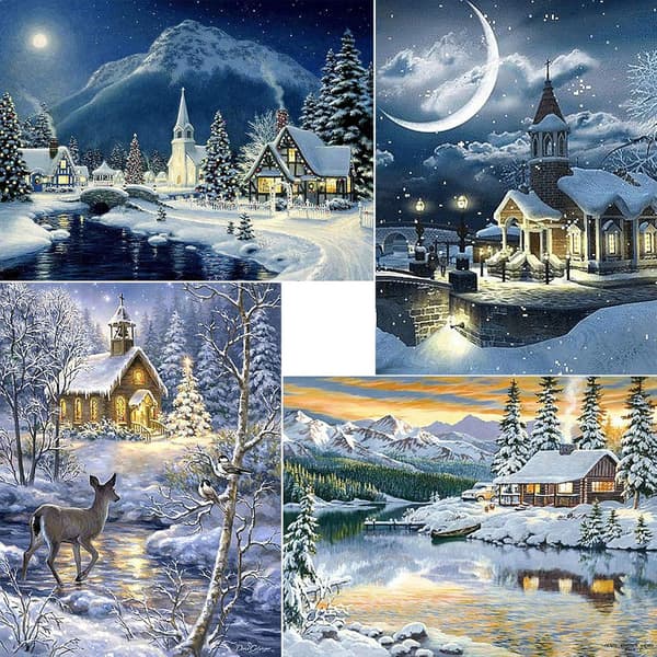 4 st. Diamantmaling Jul, Vinterlandskab Jul D
