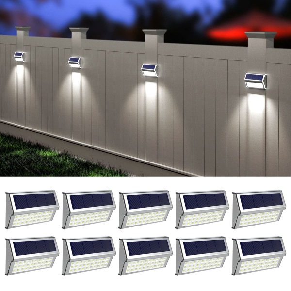 Solar udendørslys, 10-pak hegnslys udendørs vandtætte stolpe solcellelamper rustfrit stål dæklamper udendørs trinbelysning til baggårds gangbro