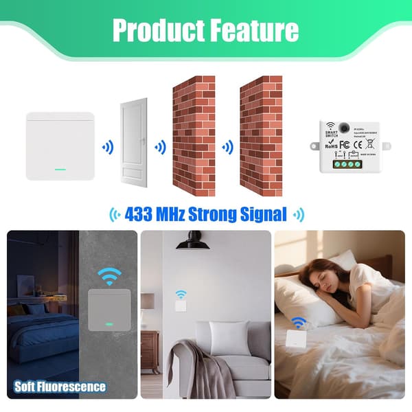 Wireless Switch Kit, Wireless Two-Way Switch, Radio Controlled Lighting Switch, 30m Range (1 Receiver + 2 Switches)
