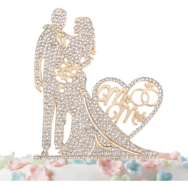 Mr og Mrs Cake Topper Metal Rhinestone Funny Bryllupskage Topper til brud og brudgom guld