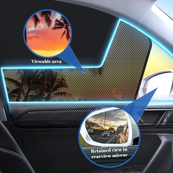 Two-piece car sunshade, designed for the driver's side, blocks UV rays and heat (windshield).