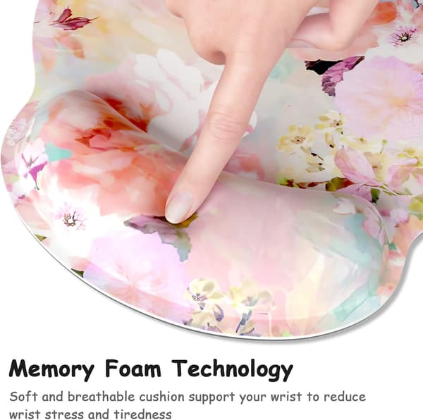 Ergonomisk musemåtte med håndledsstøtte, blomstret musemåtte med håndledsstøtte i memory foam, bærbar dekoration, lyserøde blomster