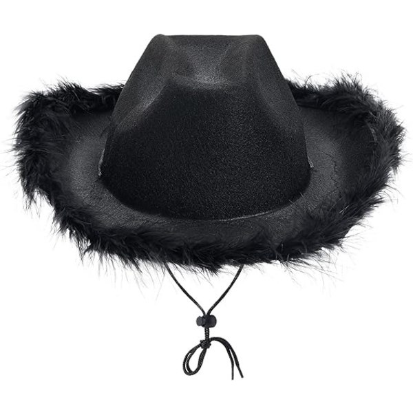 Svarte Cowboyhatter med Fjær for Kvinner og Menn - Fluffy Cowgirl-hatt i Filt med Bred Bremm - Western Party Dress Up-hatt