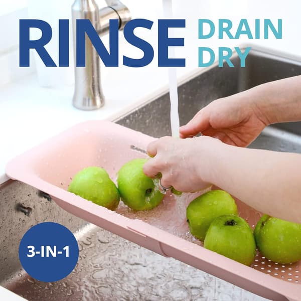 Colander for sink, strainer, washing vegetables and fruit, draining cooked pasta, extendable, kitchen utensil - pink
