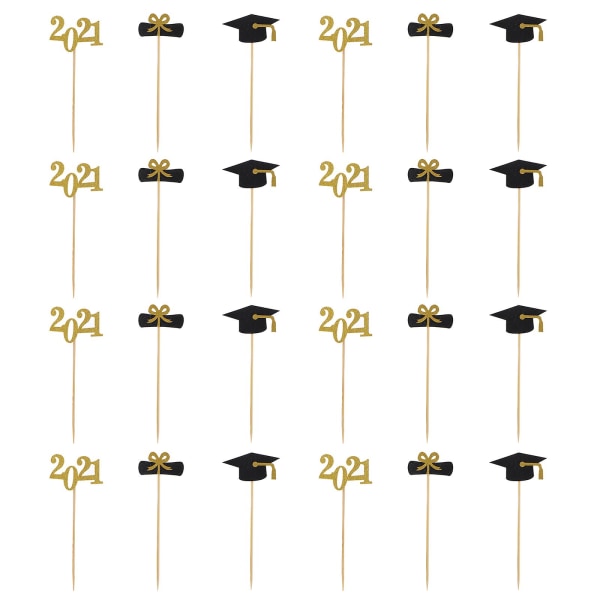 24 stk. 2021 Graduation Party Kageindstikkort Chic Dessert Toppers Kage Dekorationer Guld 2,5x5,5cm Golden 2.5x5.5cm