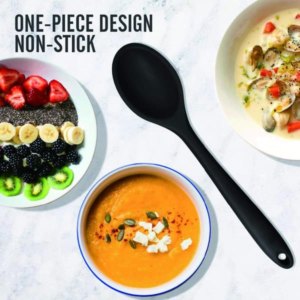 Two silicone spoons, heat-resistant and hygienic design, kitchen utensils, mixing spoons, baking tools (black).