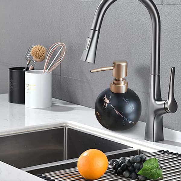 Black, gold soap dispenser for bathroom or kitchen - Beautiful round ceramic lotion bottle - Stainless pump
