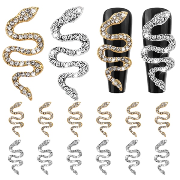 12 stk Snake Nail Charms Til Akryl Negle 6 Guld Og 6 Sølv Snake Nail Rhinestones og Charms Til Kvinder Nail Art 3d Negle dekorationer