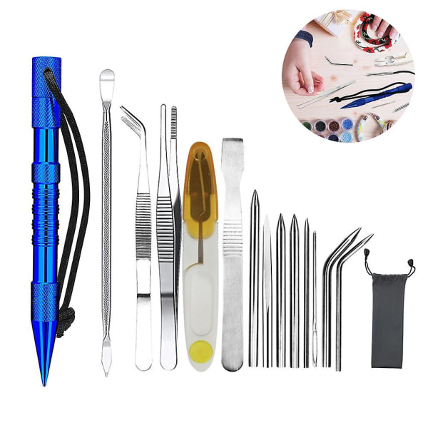 14-dels Paracord-nålset, Paracord-fid-snörningsnålar och släthållningsverktyg, rostfritt stålpincett, sax med väska lämplig för DIY-hantverk SupBlue Blue