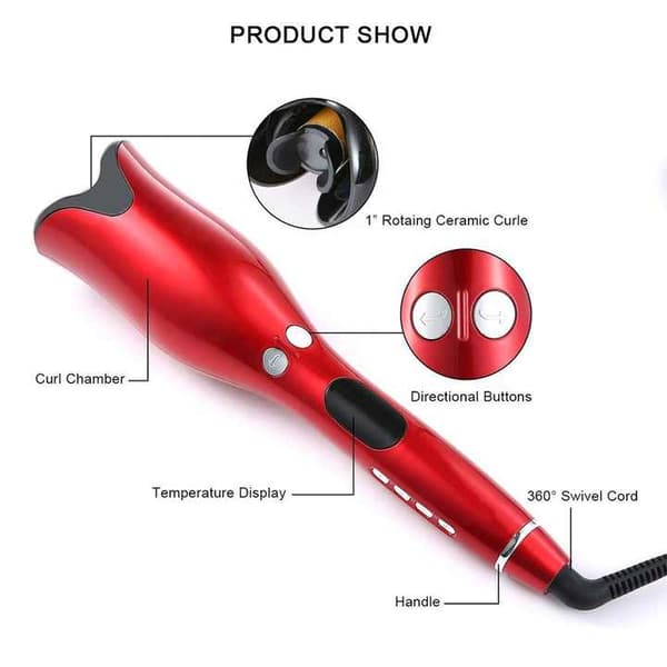 Automatic Hair Curler Ceramic Curling Iron with LCD Display Rotating Constant Temperature Wavy Curling Iron Red EU Plug