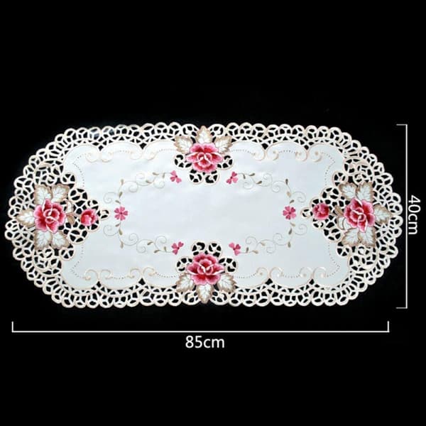 Embroidered Tablecloth, White Oval Lace Tablecloth, Embroidered Floral Table Runner, Home Decor 16\" x 33\"