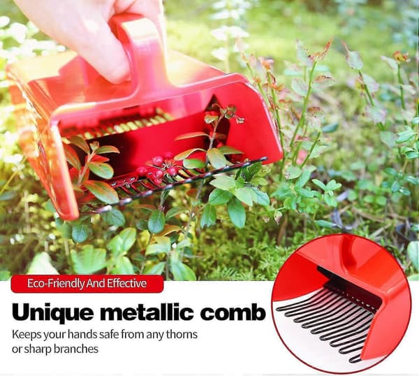 Berry picker with metal comb and ergonomic handle, for easier berry picking