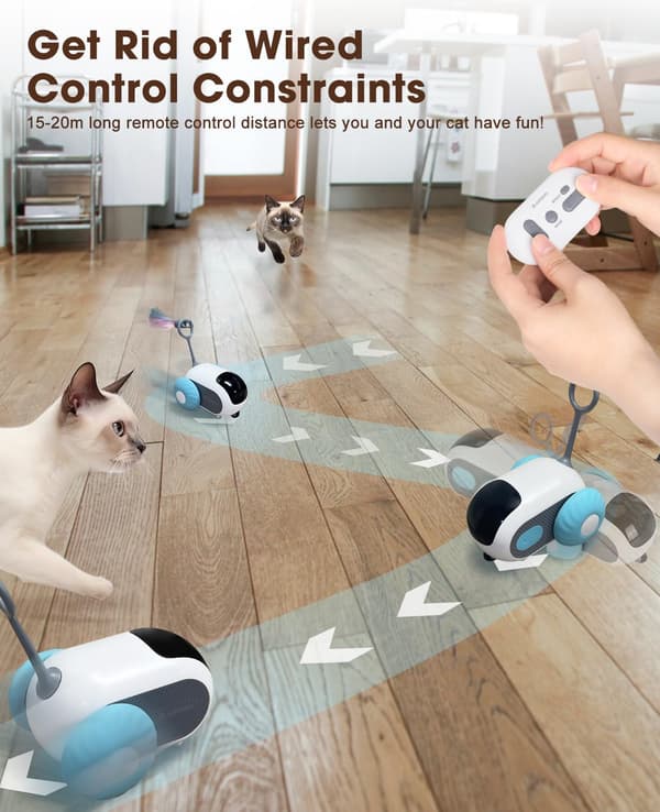 Interactive Cat Toy with Remote Control Adjustable Two Speeds USB Rechargeable Automatic Play Training for Indoor Cats Blue