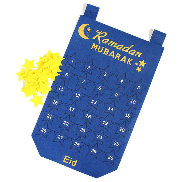Blå Countdown Filt Kalender Væghængende 30 stk. Guld Stjerne Klistermærker