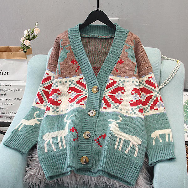Dam Cardigan med Långärmad Julrenar Stickad Jacka Ytterkläder Grön