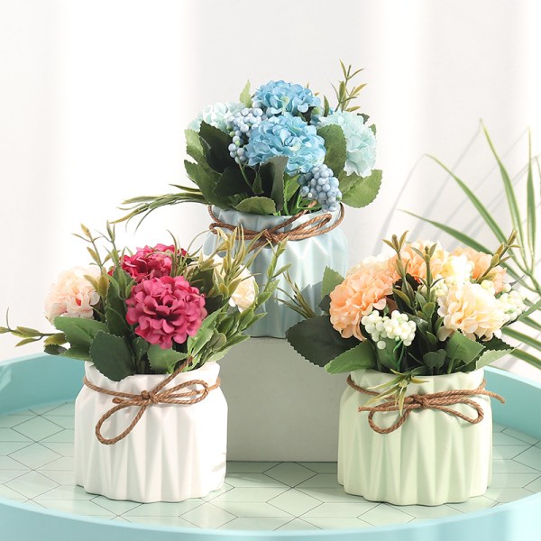 Kunstige blomsterplanter – Mini falske hortensiablomster i potte for hjemmeinnredning Fest Bryllup Kontor Uteplass Bord Skrivebordsdekorasjon (sett med 4)