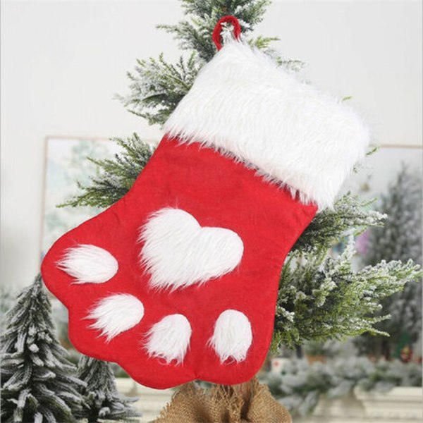 Julstrumpor för hundar i kattpåtform, plyschhängande strumpor för semester- och juldekorationer, röda
