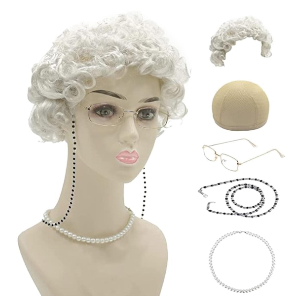 Gammal Dam Cosplay Set - Mormors Peruk, Peruknät, Mormorsglasögon, Glasögonkedjor Remmar, Pärlor