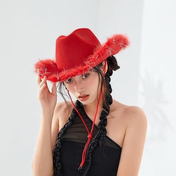 Hat til kvinder Mænd Fluffy Fur Trim Filt Cowgirl Hat Voksne Ekstra stor fjerhat Western Party Accessories