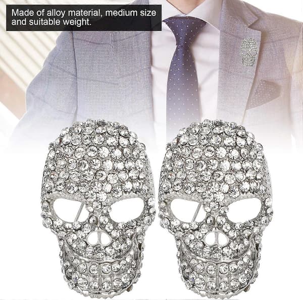 2 stk. Dødningehovedbroche, mode glitrende rhinsten dødningehovedbroche til tøjtilbehør Halloween festgave (sølv)