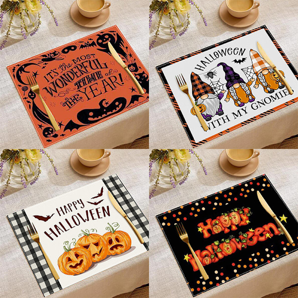 Sett med 4 absorberende middagsservietter, Halloween-spøkelse svart katt gresskar trestruktur gjenbrukbare servietter vaskbare dukservietter