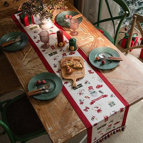Christmas Table Runner - 35.5 x 177.8 cm - Red and White with Snowman and Snowflake Pattern - For Dining Room - 1 Piece