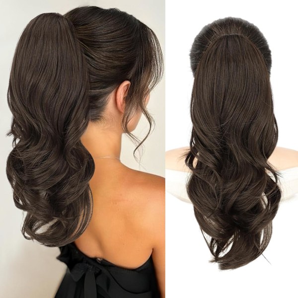 Hestehale Extensions, 40 cm Mørk Kastanjebrun Lang Snøring Bølgete Clip-in Hestehale Hår Extensions Lagdelt Syntetisk Hårdel for Kvinner