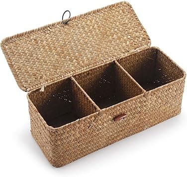 Seagrass Storage Basket with Rectangular Lids - Wicker Chest with Compartments