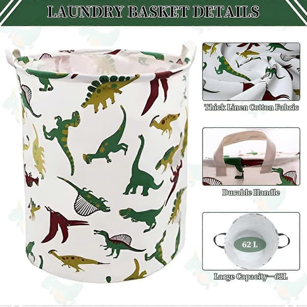Large Foldable Waterproof Fabric Laundry Basket with Handles, Boys' Laundry Hamper with Dinosaur Motif