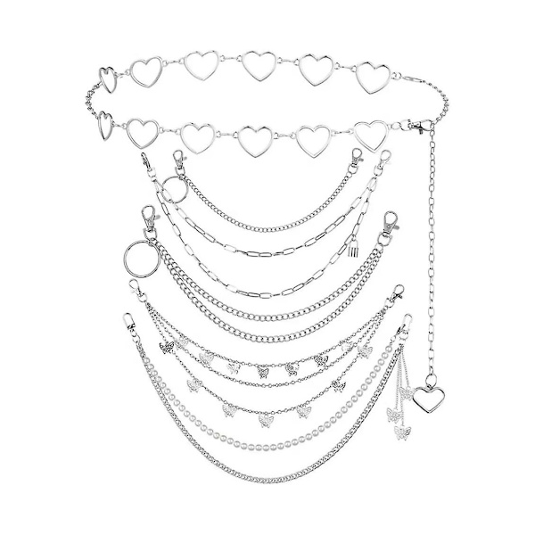 Metal Waist Chain Punk Hjerte Jeans Bukser Kæde Bælter Kjole Tilbehør Til Kvinder Bukser Kæde (6stk, Sølv)